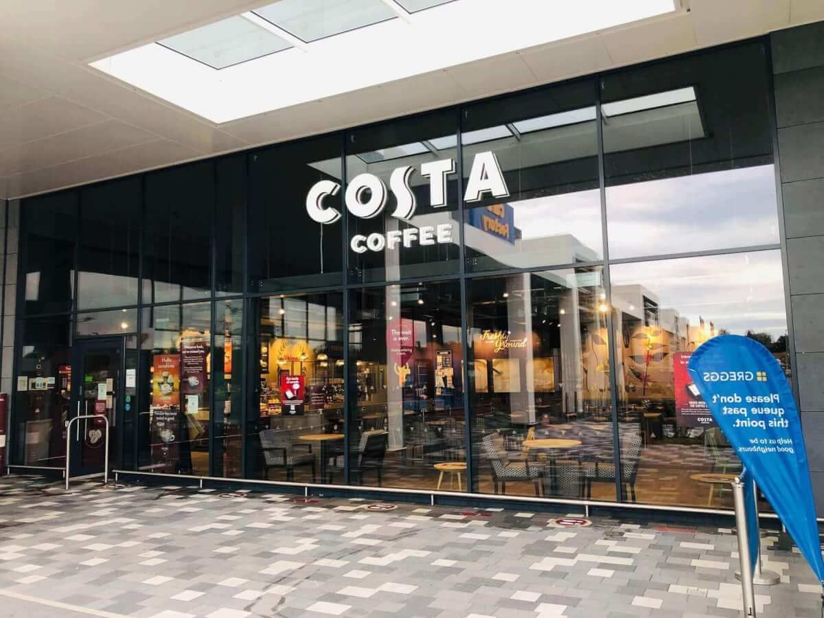 Dark aluminium and glass shopfront for a Costa Coffee store in Birmingham