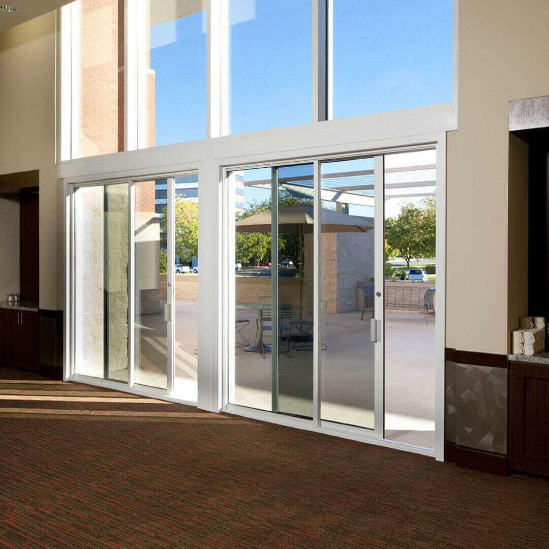 Aluminium lift and slide doors on a commercial frontage