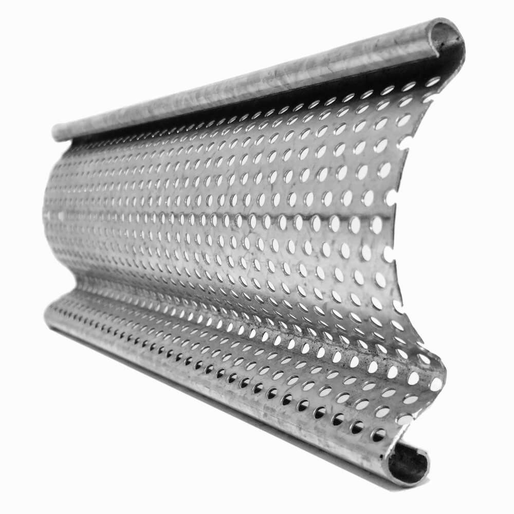 Perforated security roller shutter keeping the display partly visible